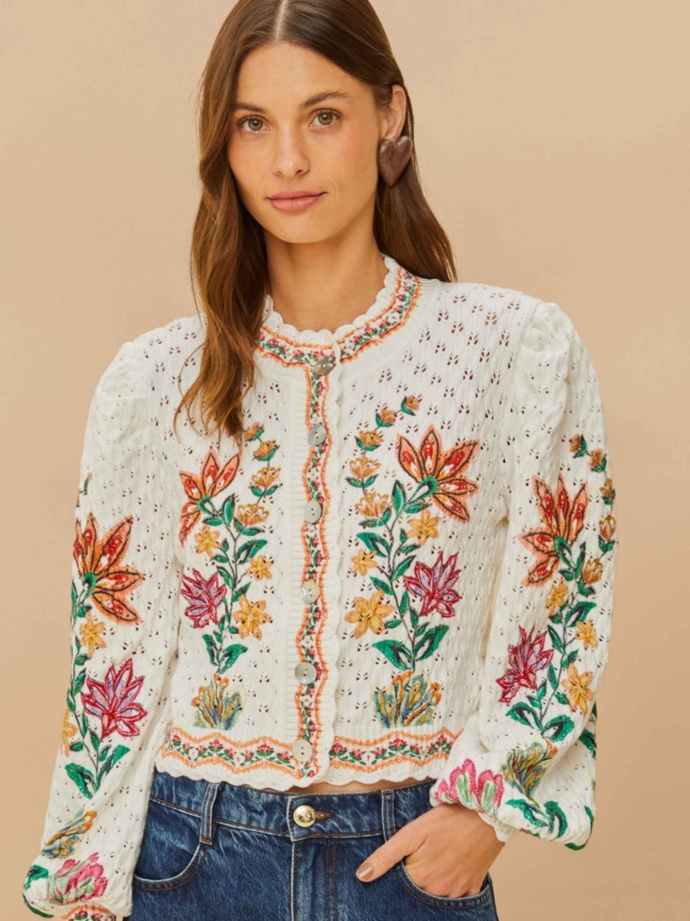 LARGE FARM RIO X ANTHROPOLOGIE GARDEN DELIGHT ROSEWOOD CARDI EYELET EMBROIDER